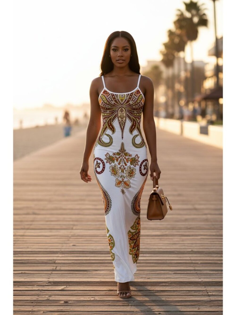 Boho Paisley Maxi Womens Bodycon Spaghetti Strap Resort Summer Dress - Picture 5 of 6